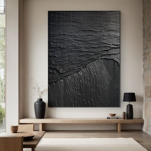 Grande peinture abstraite noire, peinture texturée 3D noire, peinture sur plâtre noir, art mural wabi-sabi noir, décoration murale minimaliste bohème noire image 1