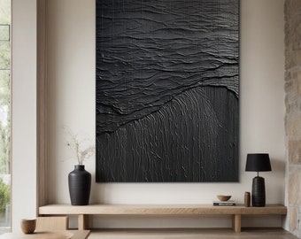 Grande peinture abstraite noire, peinture texturée 3D noire, peinture sur plâtre noir, art mural wabi-sabi noir, décoration murale minimaliste bohème noire