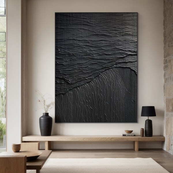 Grande peinture abstraite noire, peinture texturée 3D noire, peinture sur plâtre noir, art mural wabi-sabi noir, décoration murale minimaliste bohème noire