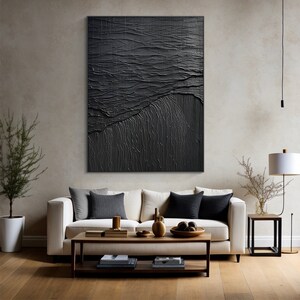 Grande peinture abstraite noire, peinture texturée 3D noire, peinture sur plâtre noir, art mural wabi-sabi noir, décoration murale minimaliste bohème noire image 8