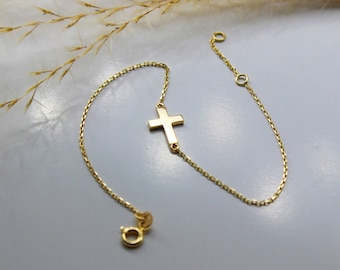 Simple cross bracelet in 585 yellow gold / Adjustable bracelet in 14k in anchor style