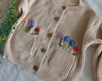 Personalised Hand Embroided Knitted Cardigan | Flowers in Pockets