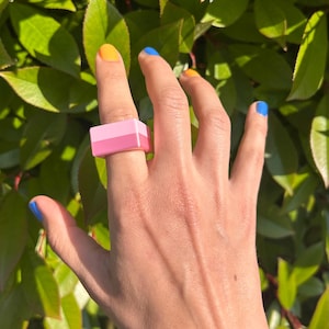 Op de afbeelding: Een roze rechthoekige ring met twee tinten wordt aan een vinger gedragen. De ring heeft een licht- en donkerroze ontwerp. De nagels van de persoon zijn geel en blauw geverfd. Groene bladeren zijn op de achtergrond.