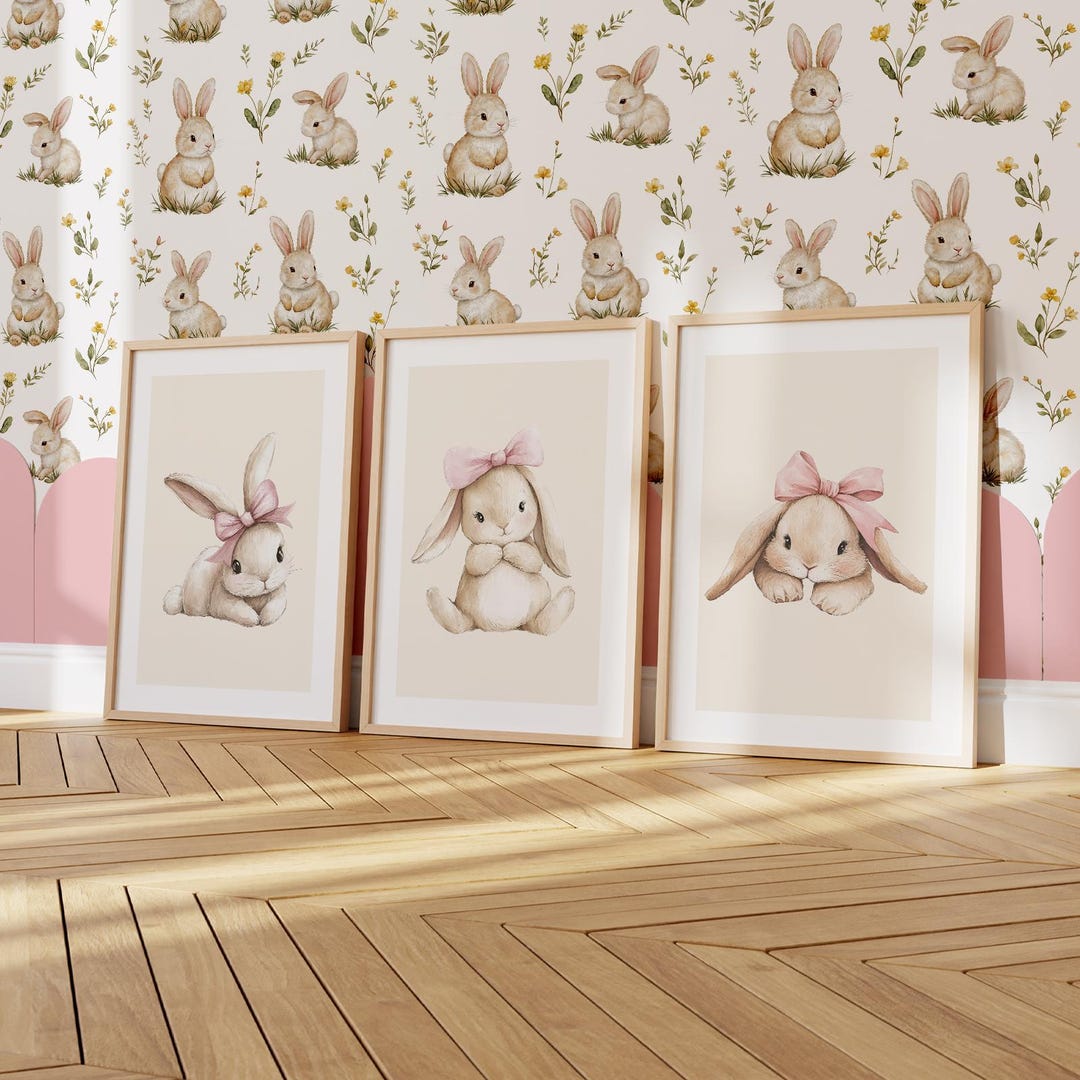 Pink Rabbit Nursery Wall Art Set of 3: Playful Kids Room Decor - Etsy UK