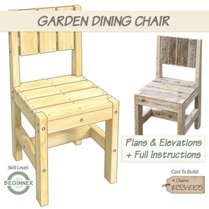 Può includere: Piani e istruzioni per costruire una sedia da pranzo da giardino in legno. La sedia è realizzata in legno naturale e ha un design semplice. Il costo per costruire quattro sedie è di 105 £ o 133 $.
