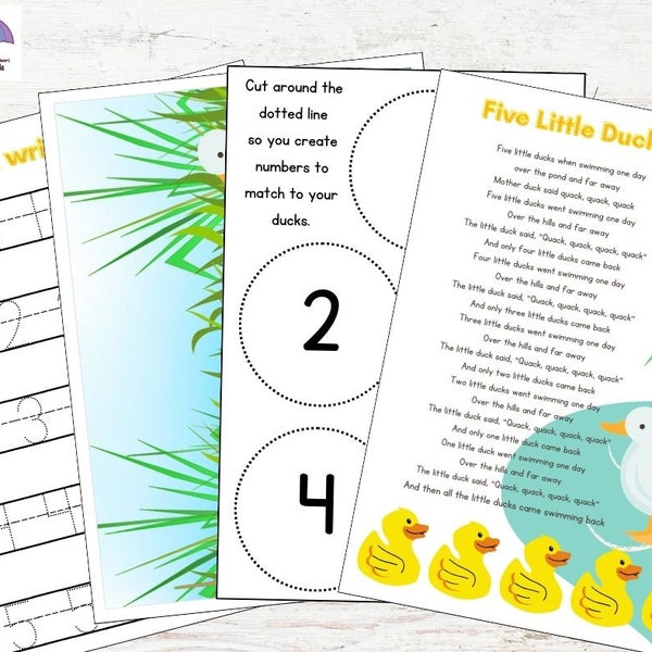 5 little ducks MEGA pack printable, nursery rhyme, learning activity, props, educational resource, teaching, EYFS, SEN, Maths, 8 sheets!