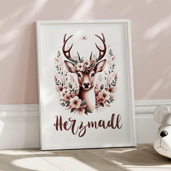 Herzmadl Deer Poster - Cute Animal Poster for Daughter - Children's Room Children's Wall Art Deer DIN A4