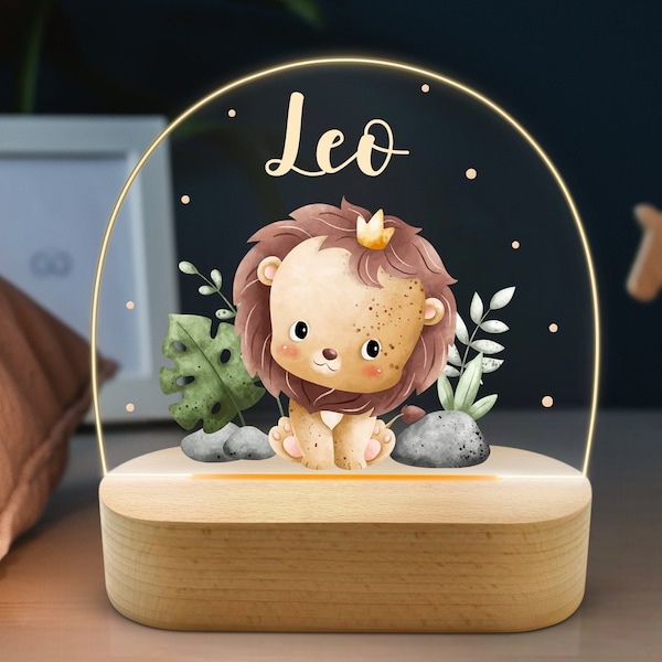 Veilleuse lion personnalisé, lampe de nuit bébé en acrylique garçon, cadeau bébé naissance, baptême, chambre d'enfant, lampe de chevet