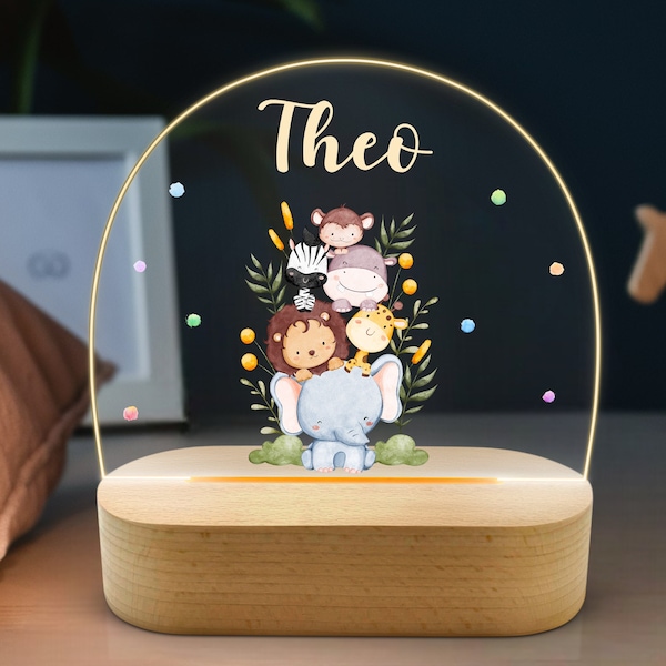 Night light personalized baby animals, boy safari night lamp made of acrylic with name, baby gift birth, baptism, children's room, bedside lamp