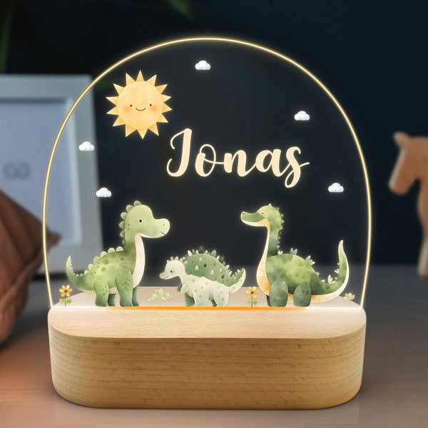 Nachtlampje dino, dinosaurus nachtlampje gepersonaliseerd, babycadeau geboortejongen, doopcadeau, kinderkamerjongen, verjaardag, dinolamp