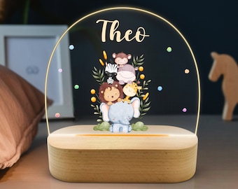 Nachtlicht personalisiert Baby Tiere, Junge Safari Nachtlampe aus Acryl mit Namen, Babygeschenk Geburt, Taufe, Kinderzimmer, Nachttischlampe