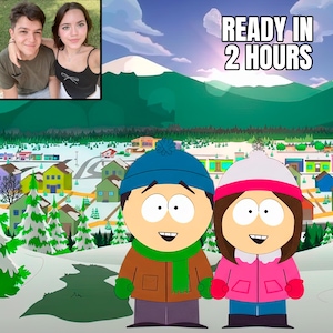 May include: A digital illustration of two South Park characters in winter clothing, with the text "READY IN 2 HOURS". The image also includes a small inset photo of two people. The background shows a snowy landscape with houses and mountains.