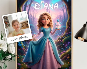 Personalized Princess Illustration – Children's Portrait with Castle – Fairytale Fantasy Art for Girls – Digital Picture as a Gift