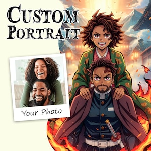 Op de afbeelding: Advertentie voor een aangepast portret, met een foto van een lachend stel naast een illustratie in anime-stijl. De illustratie toont twee personages met vurige effecten en een Japanse achtergrond. Tekst luidt "Custom Portrait" en "Your Photo."