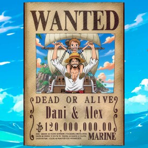 K&ouml;nnte beinhalten: Ein "Wanted"-Poster mit einer Illustration von zwei Anime-Charakteren. Das Poster zeigt "WANTED", "DEAD OR ALIVE", die Namen "Dani & Alex" und ein Kopfgeld von 109.000.000,00 &euro;. Das Design hat das Aussehen von gealtertem Papier, mit japanischem Text unten.
