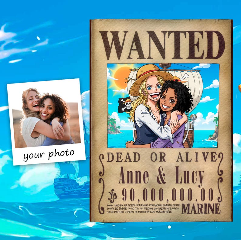 K&ouml;nnte beinhalten: Ein individuelles "Wanted" -Poster mit zwei sich umarmenden Frauen, dem Text "Anne & Lucy" und einem Kopfgeld von 90.000.000 $. Das Poster enth&auml;lt ein Foto von zwei sich umarmenden Frauen und die Worte "your photo".