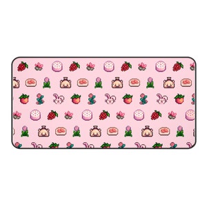 May include: A pink and white pixelated pattern with a repeating design of strawberries, flowers, cakes, and bunnies. The background is pink.