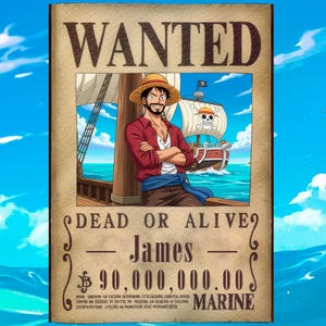 K&ouml;nnte beinhalten: Ein "WANTED"-Poster mit einem Mann in Strohhut und rotem Hemd, namens "James". Der Text "DEAD OR ALIVE" und eine Belohnung von 90.000.000,00 sind angegeben. Das Wort "MARINE" ist ebenfalls vorhanden. Ein Schiff ist im Hintergrund zu sehen.