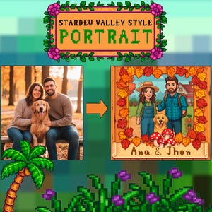 Könnte beinhalten: Ein Bild, das eine Transformation von einem Foto in ein pixeliges Porträt im Stardew Valley-Stil zeigt. Das Porträt zeigt ein Paar mit einem Golden Retriever-Hund, umrahmt von Herbstblättern und Pilzen. Der Text "Ana & Jhon" steht unten.