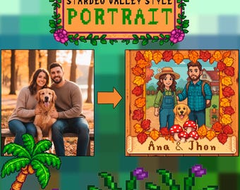 Retrato personalizado de pareja con mascotas de Stardew Valley, retrato pixelado personalizado de Stardew Valley, retrato de pareja regalado
