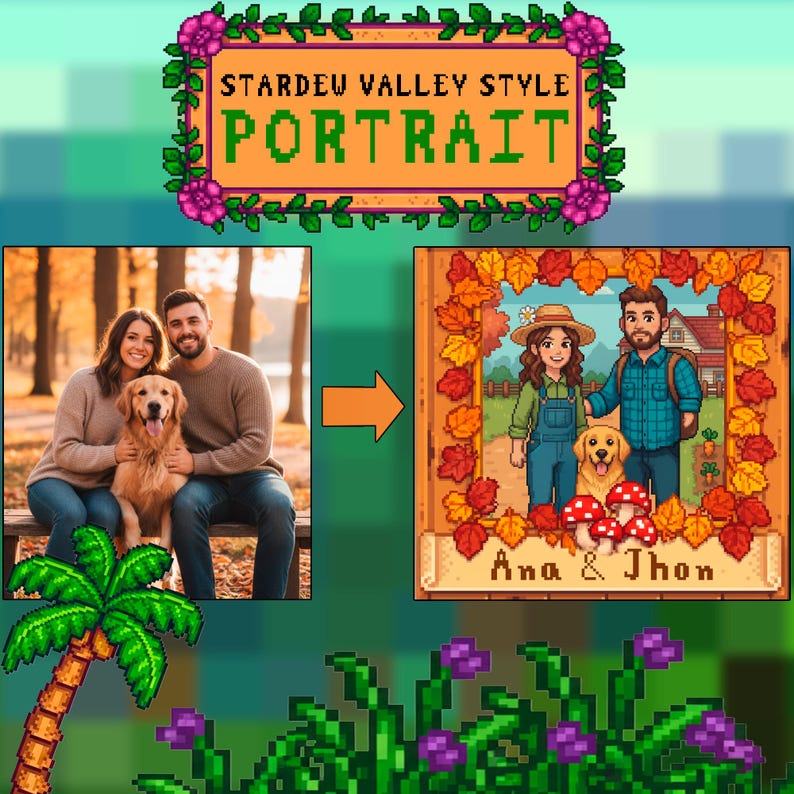 Anpassat parfamiljhusdjur STARDEW VALLEY-porträtt, personligt Stardew Valley-porträtt, anpassat pixelerat parporträtt, gåvoporträtt för par bild 1