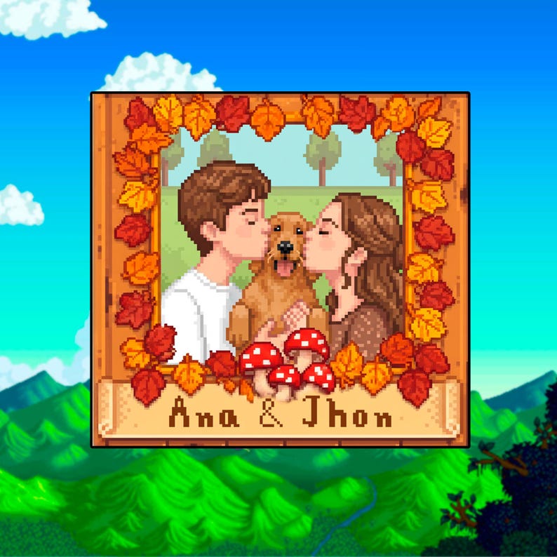 Anpassat parfamiljhusdjur STARDEW VALLEY-porträtt, personligt Stardew Valley-porträtt, anpassat pixelerat parporträtt, gåvoporträtt för par bild 3