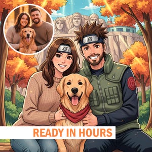 May include: Digital illustration of a couple with a golden retriever dog, styled in an anime aesthetic. The image includes a smaller inset photo of the couple and dog. The background features a scenic landscape with autumn foliage and a monument. Text at the bottom reads "READY IN HOURS."