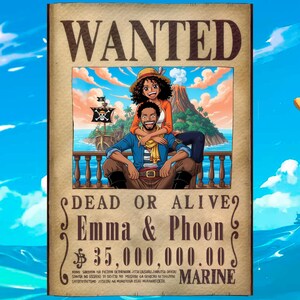 K&ouml;nnte beinhalten: Ein Wanted-Poster im Vintage-Stil mit einem Paar und einem Piratenschiff. Das Poster zeigt oben "WANTED", darunter "DEAD OR ALIVE" und die Namen "Emma & Phoen". Die Belohnung betr&auml;gt 35.000.000,00 $.