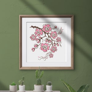 桜の枝と花のクロスステッチパターンの即時PDFダウンロード - 桜のクロスステッチ - 植物のクロスステッチパターン