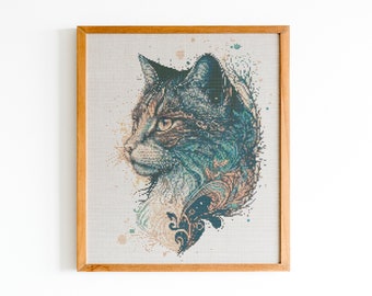 Kleurrijk kattenkruissteekpatroon – modern katachtig portret (pdf-download)
