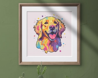 Colorful Happy Golden Retriever Cross Stitch Pattern Instant PDF Download - Golden Retriever Cross Stitch - Dog Animal Cross Stitch Pattern