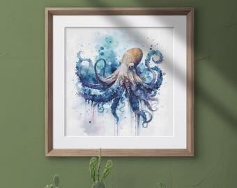 May include: A watercolor painting of an octopus with blue and purple tentacles against a white background with blue watercolor splatters.