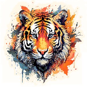 Op de afbeelding: Een close-up van het gezicht van een tijger met oranje, gele en zwarte strepen. De tijger is omringd door een aquarel achtergrond met spatten in blauw, groen en rood.