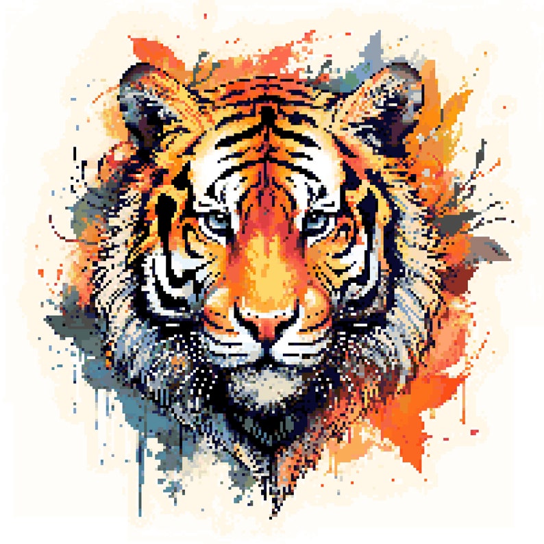 Op de afbeelding: Een close-up van het gezicht van een tijger met oranje, gele en zwarte strepen. De tijger is omringd door een aquarel achtergrond met spatten in blauw, groen en rood.