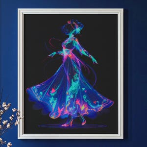 May include: A framed artwork featuring a woman in a flowing gown, rendered in a vibrant neon color palette of blue, pink, and green against a black background. The artwork is in a white frame and is displayed against a dark blue wall.