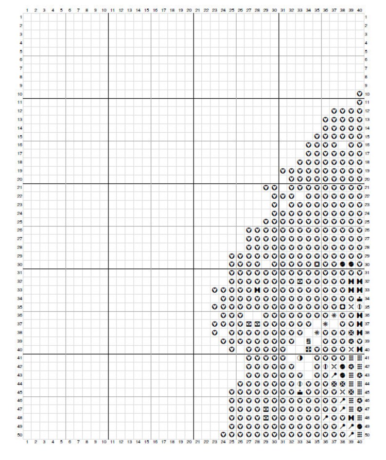 Op de afbeelding: Een zwart-wit kruissteekpatroon met een ontwerp van een gestileerde vogel met een hart in zijn snavel. Het patroon is op een raster met nummers langs de bovenkant en zijkant.