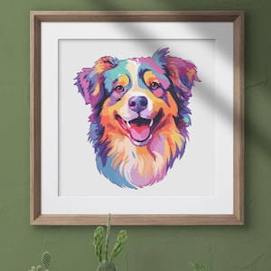 May include: A colorful, abstract painting of a dog's head. The dog has a white face with brown, pink, blue, and yellow fur. The dog is smiling with its tongue out.