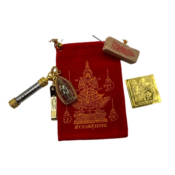 Ensemble d'amulettes thaïlandaises Tao Wessuwan, pendentif talisman, porte-bonheur fusée - Authentique, joli sac en tissu, écharpe audacieuse, belle veste rock