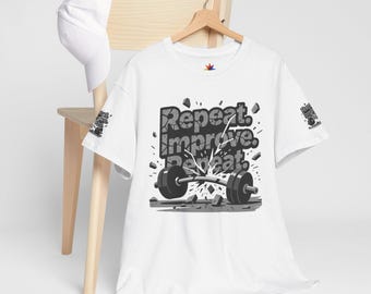 Motivational Barbell Gym T-Shirt for Men and Women Repeat Improve Repeat Workout Fitness Tee Powerlifting, Strength Training Athletic Shirt