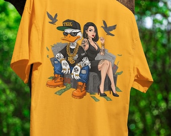 THUG Life Shirt Gangster Duck T-Shirt Streetwear Hip Hop Cartoon Money Tattoo Art Gangsta Rap Tee Funny Couple Luxury Lifestyle Gift DuckTee