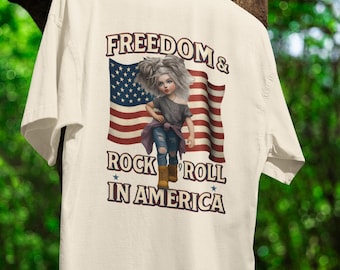 Patriotic Freedom Rock & Roll Shirt USA Flag Graphic T-Shirt American Pride Unisex Tee Music Lover 4th of July Gift Concert Shirt Retro Mens