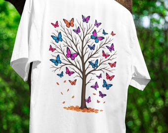 Colorful Butterfly Tree Shirt Tree of Life Butterfly T-Shirt Nature Graphic Tee with Butterflies Whimsical Tree and Butterfly Shirt