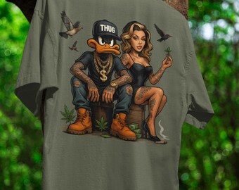 Weed Cartoon Gangster Duck Shirt Hip Hop Streetwear T-Shirt Urban Art Tattoo Couple Tee Thug Life Dope Stoner Graphic Shirt Duck Cartoon Tee