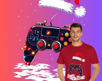 Christmas Gaming Unisex T-shirt, Game On Santa Design, Garment-Dyed Tee for Gamers, Holiday Shirt, Comfort Colors 1717, Christmas Lights