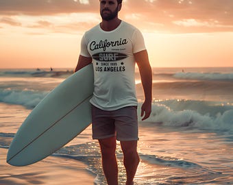 California Surf Shirt Vintage Los Angeles Beachwear T-Shirt Retro Bold Statement Graphic Tee Soft Cotton Summer Outfit Coastal Vibes Tshirt