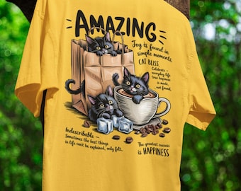 Amazing Cat Shirt Oversized Coffee Cat T-Shirt Kawaii Black Cat Tee Unisex Cute Cat Lover Gift Korean Style Couples Tee Black Kitty Shirt