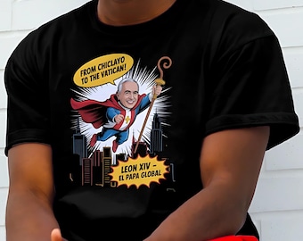 Funny Pope Leo XIV Shirt Catholic Superhero Tee Latino Comic Art Vatican Humor Satire Gift for Religious Friends Pop Culture Parody Shirt