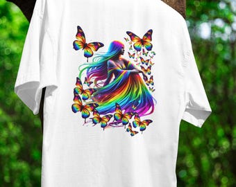 Rainbow Goddess: Dreamy Butterfly Maiden T-Shirt Colorful Unisex Tee Ethereal Butterfly Shirt Spiritual Rainbow Tee Magical Butterfly Gift