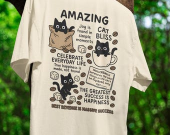 Cartoon Cat Group T-Shirt Black Cat Shirt Oversize Korean Style Cute Kitty Lovers Tee Unisex Casual Short Sleeve Positive Quote Kawaii Gift