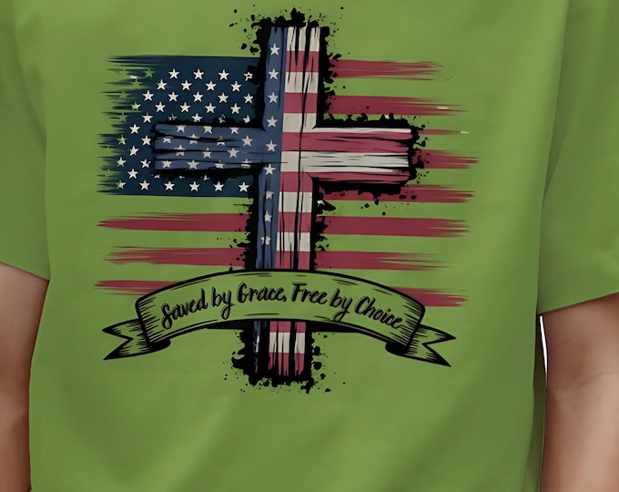 Featured listing image: Saved by Grace Free by Choice Shirt USA Patriot Freedom Tee USA Flag Shirte Patriotism Christian Tee American Flage Gift Godly American Tee